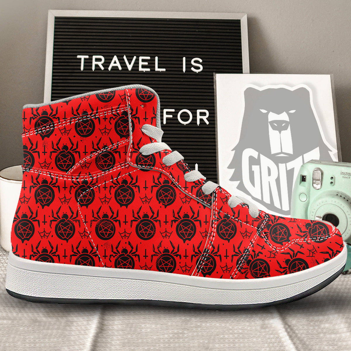 Red Spider Pentagram Print Pattern High Top Sneakers-grizzshop
