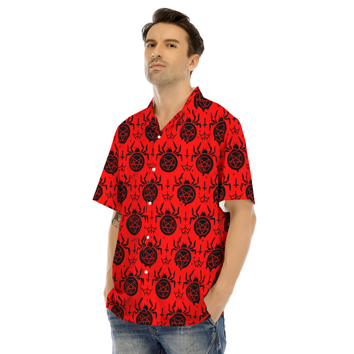 Red Spider Pentagram Print Pattern Men's Hawaiian Shirt-grizzshop