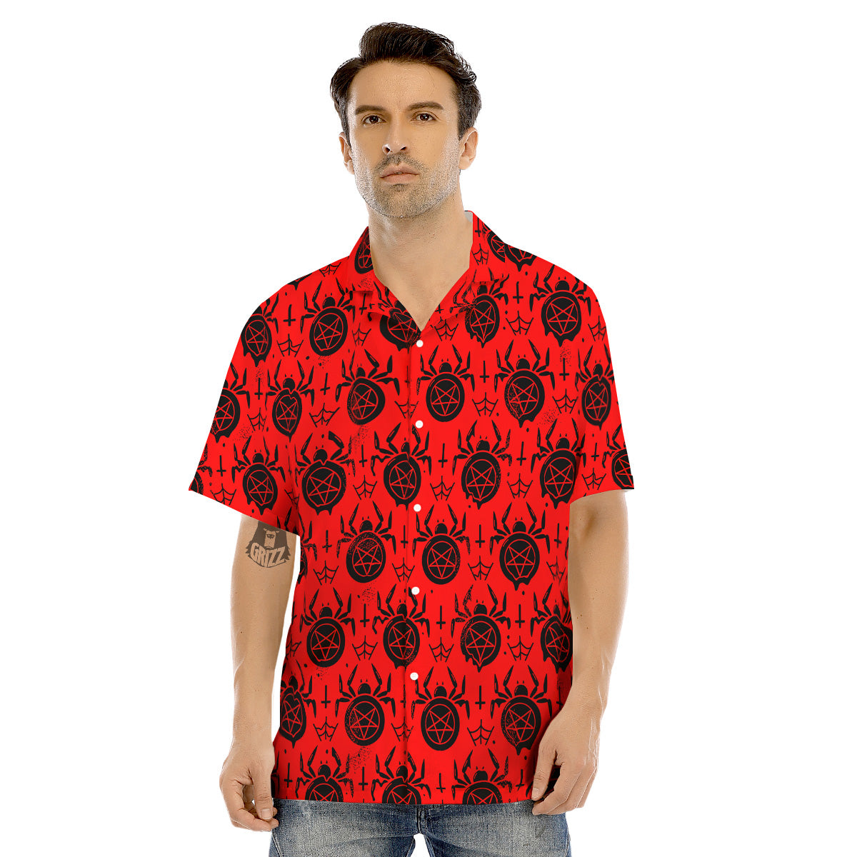 Red Spider Pentagram Print Pattern Men's Hawaiian Shirt-grizzshop