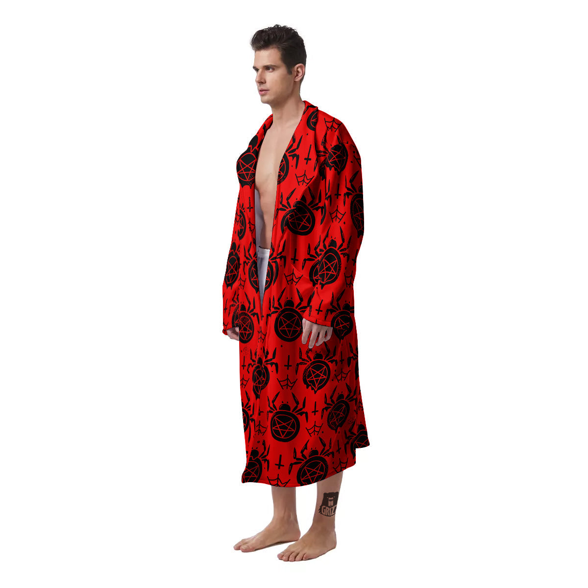 Red Spider Pentagram Print Pattern Men's Robe-grizzshop