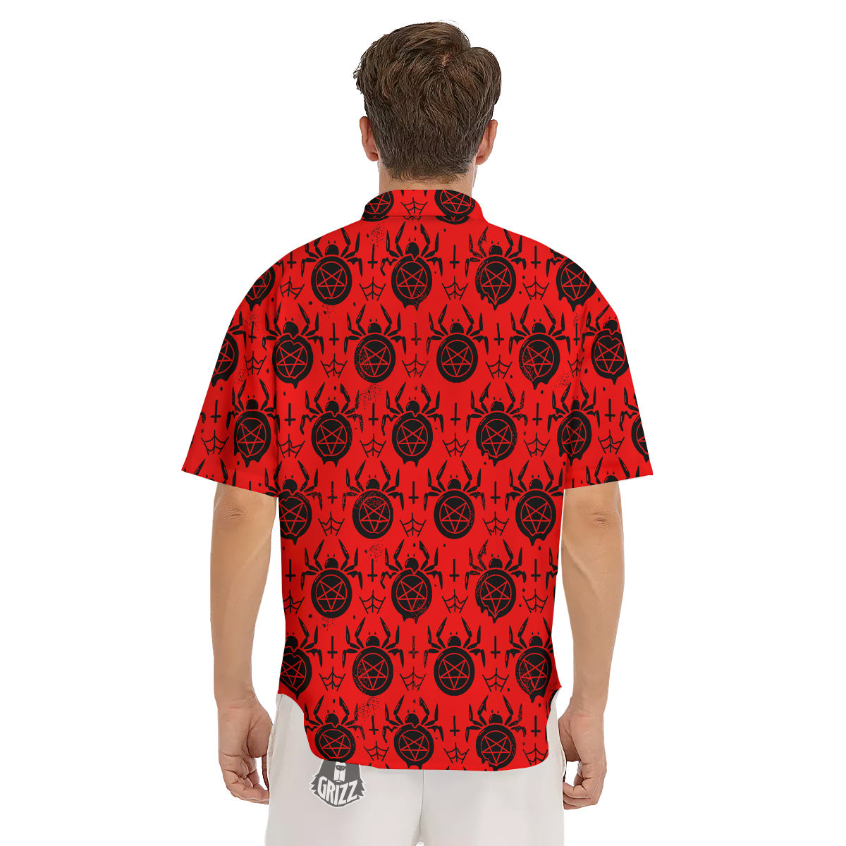 Red Spider Pentagram Print Pattern Men's Short Sleeve Shirts-grizzshop