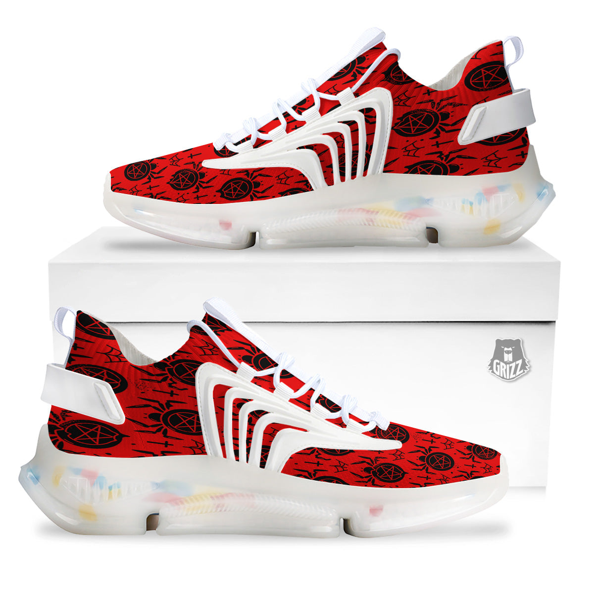 Red Spider Pentagram Print Pattern White Gym Shoes-grizzshop