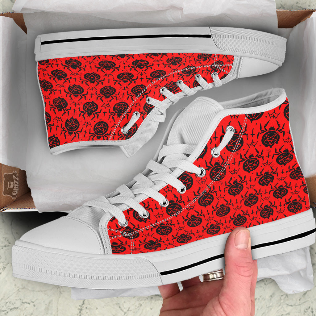 Red Spider Pentagram Print Pattern White High Top Shoes-grizzshop