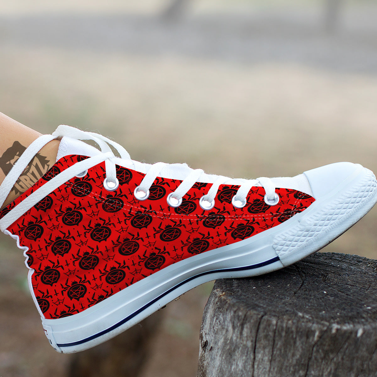 Red Spider Pentagram Print Pattern White High Top Shoes-grizzshop