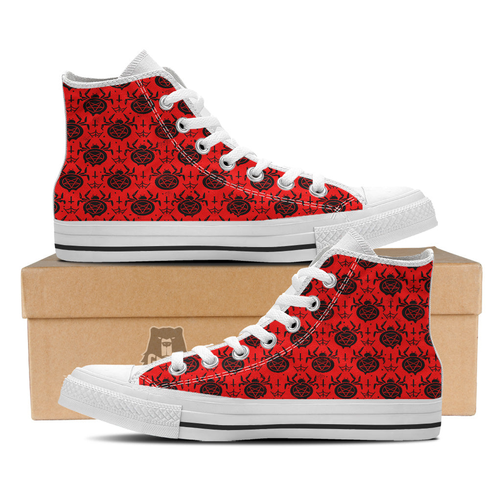 Red Spider Pentagram Print Pattern White High Top Shoes-grizzshop