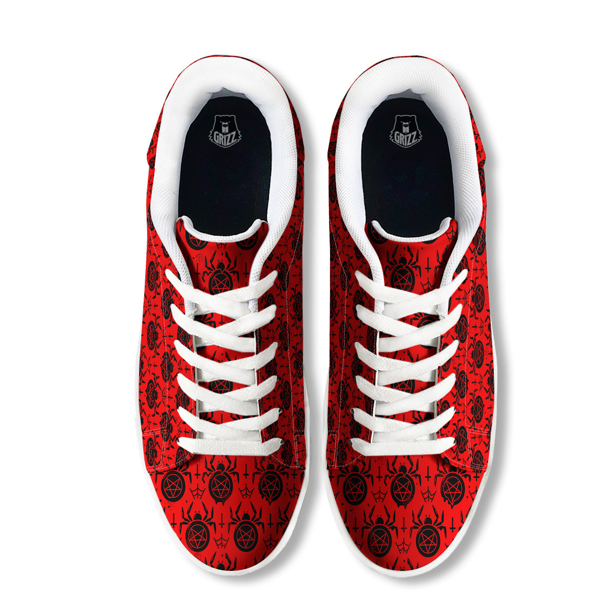 Red Spider Pentagram Print Pattern White Low Top Sneakers-grizzshop