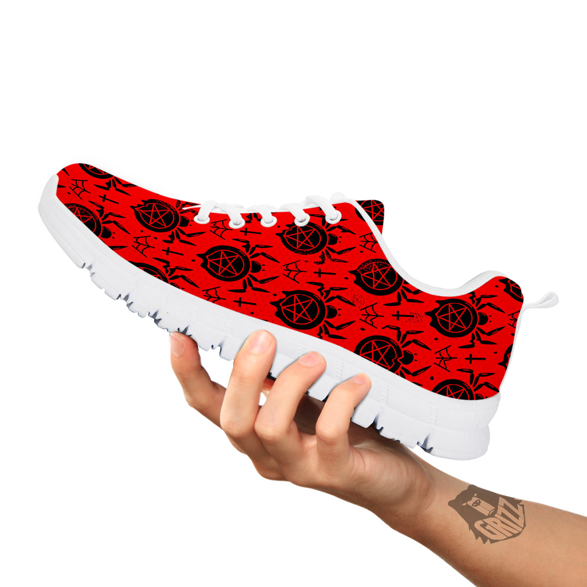 Red Spider Pentagram Print Pattern White Sneaker-grizzshop