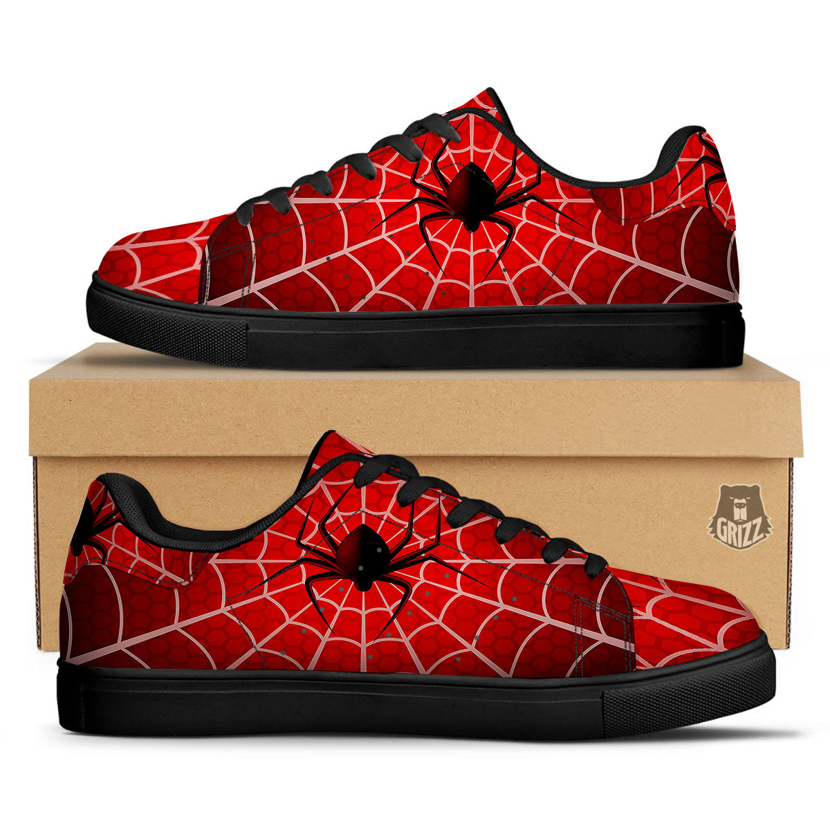 Red Spider Web Cobweb trap Print Black Low Top Sneakers-grizzshop