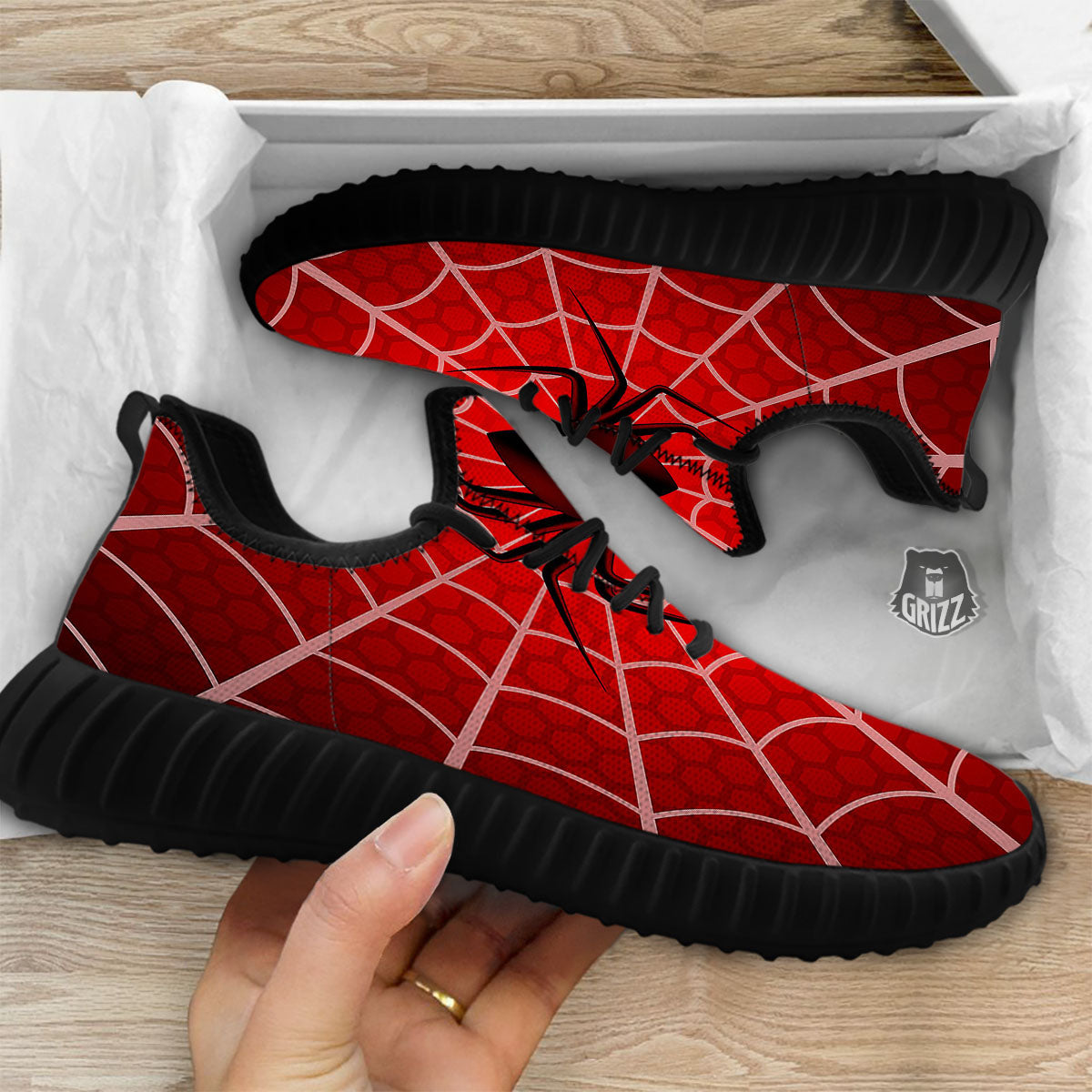 Red Spider Web Cobweb trap Print Black Walking Shoes-grizzshop
