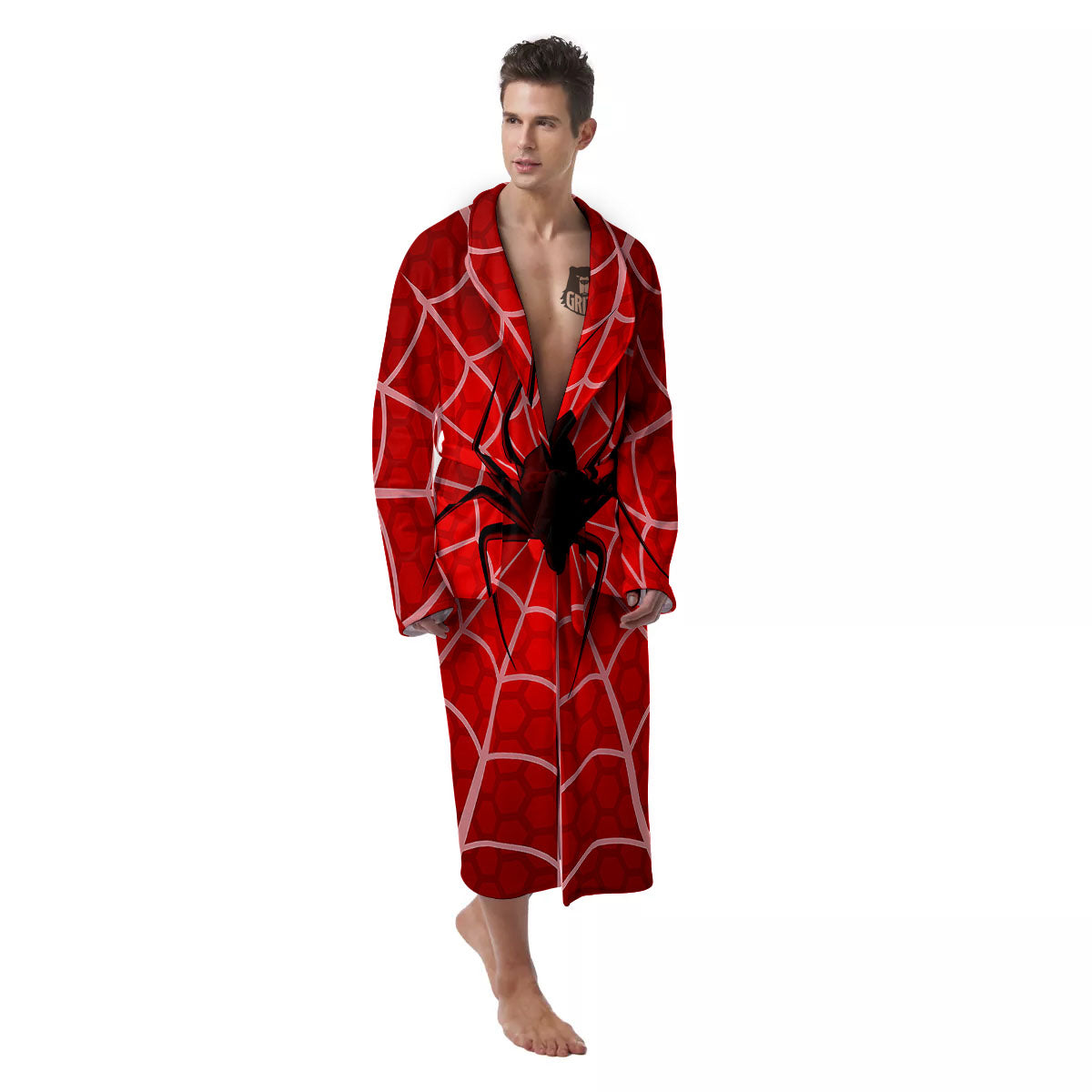 Red Spider Web Cobweb trap Print Men's Robe-grizzshop