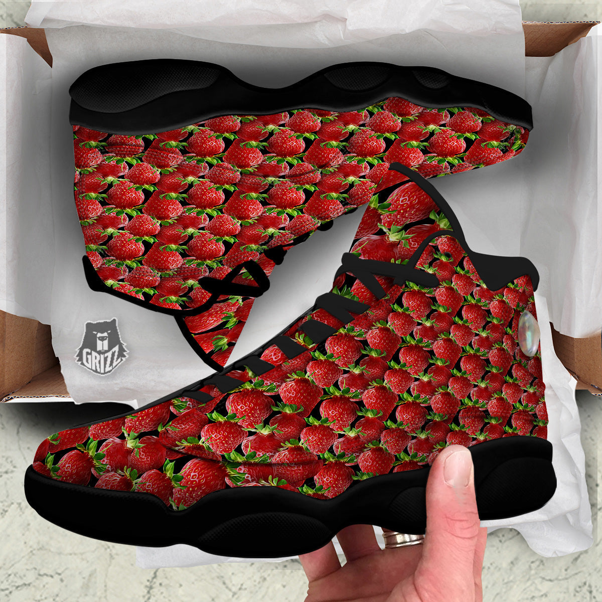 Red Strawberries Ripe Print Pattern Black Basketball Shoes-grizzshop