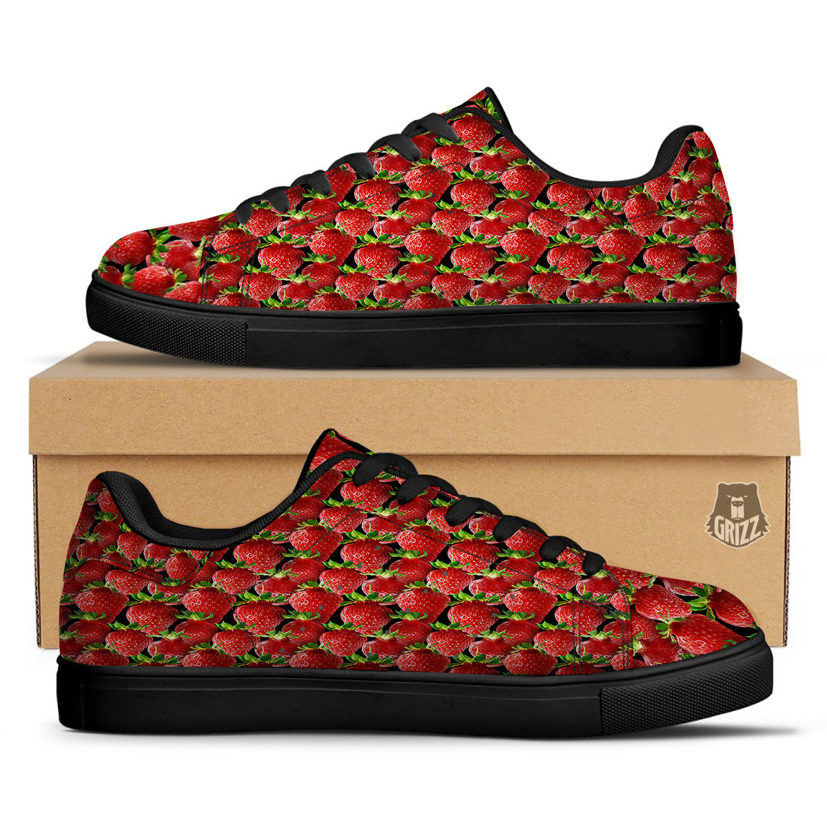 Red Strawberries Ripe Print Pattern Black Low Top Sneakers-grizzshop