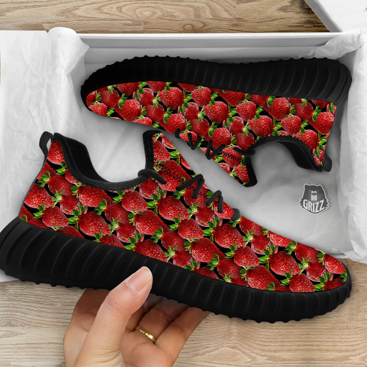 Red Strawberries Ripe Print Pattern Black Walking Shoes-grizzshop