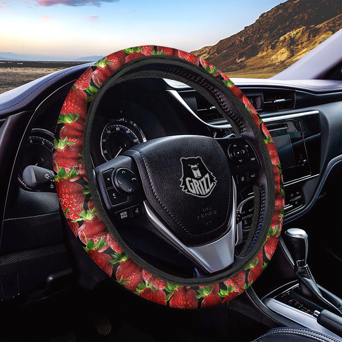 Red Strawberries Ripe Print Pattern Car Steering Wheel Cover-grizzshop