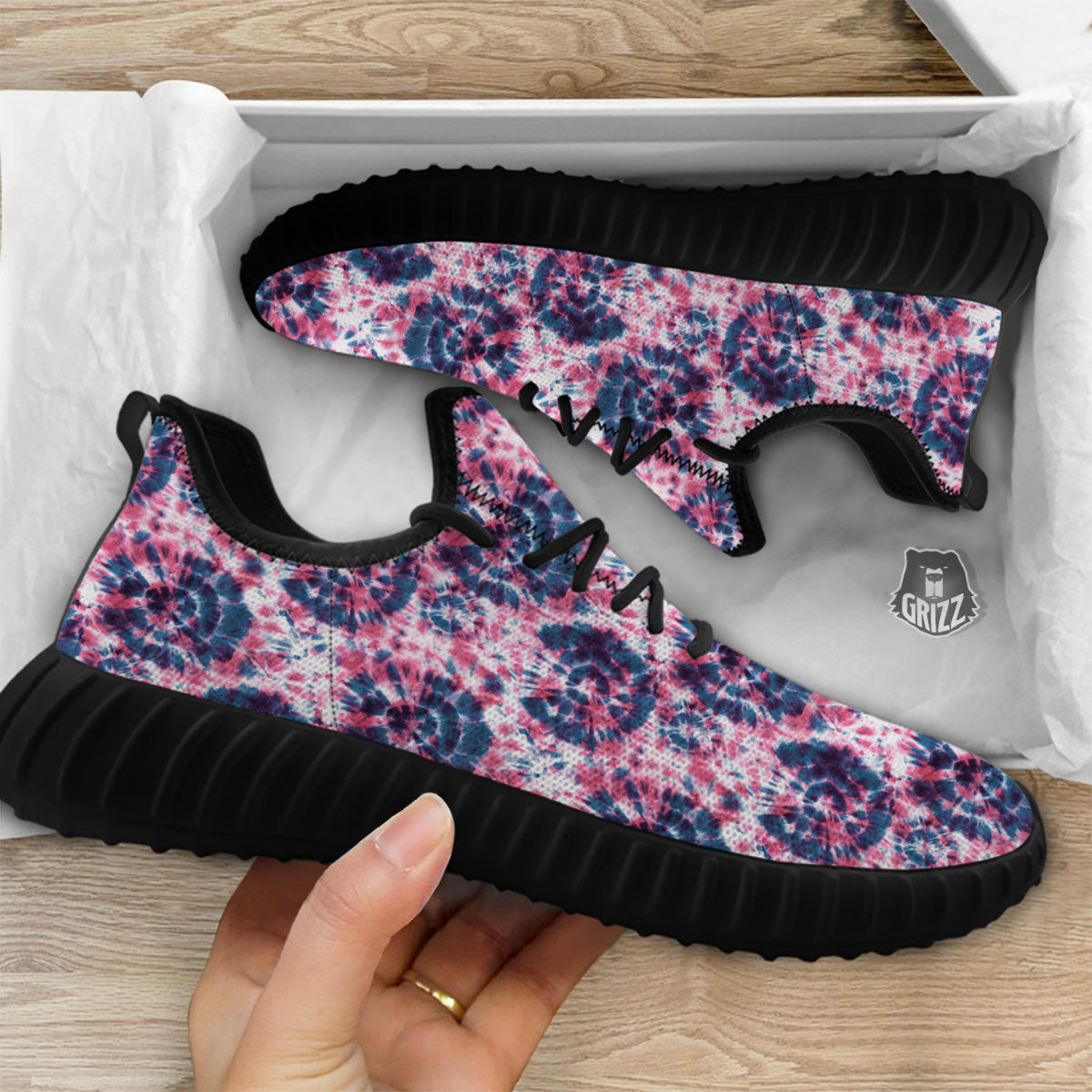 Red Tie Dye Blue Shibori Print Pattern Black Walking Shoes-grizzshop