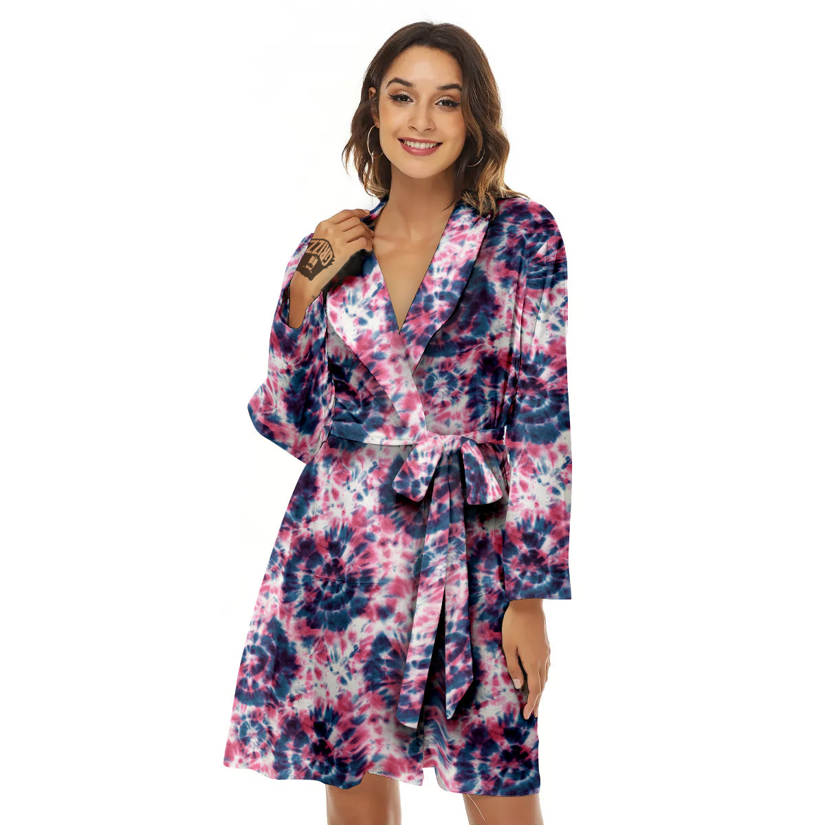 Red Tie Dye Blue Shibori Print Pattern Women's Robe-grizzshop