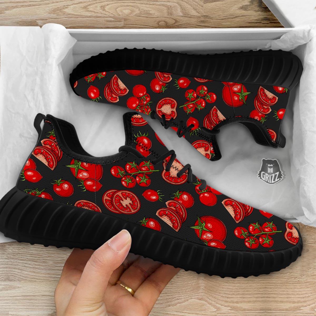Red Tomato Print Pattern Black Walking Shoes-grizzshop