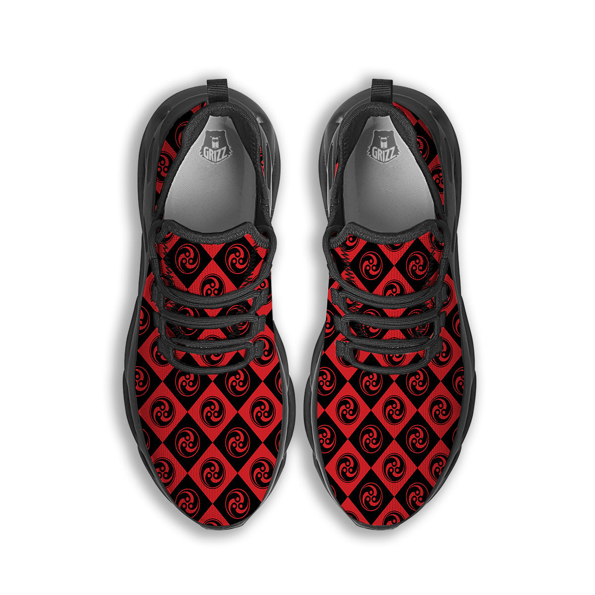 Red Tomoe Print Pattern Black Running Shoes-grizzshop