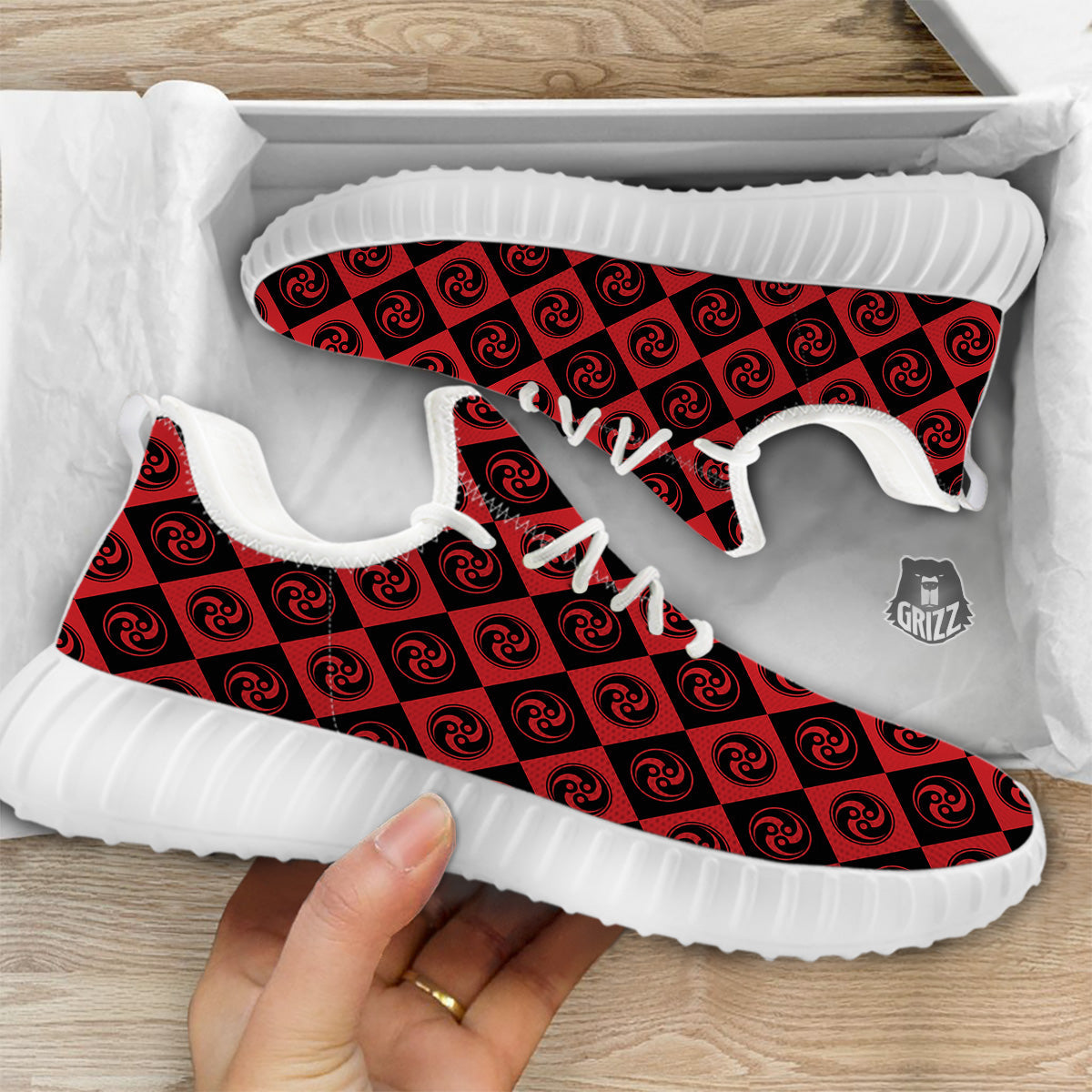 Red Tomoe Print Pattern White Walking Shoes-grizzshop