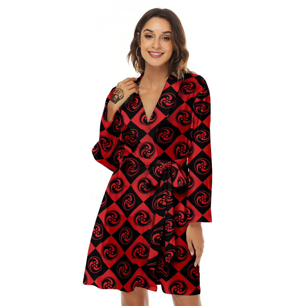 Red Tomoe Print Pattern Women's Robe-grizzshop