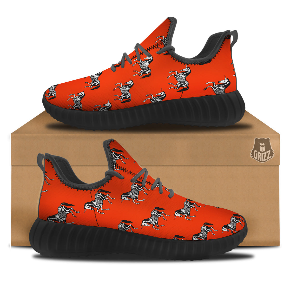 Red Unicorn Skeleton Print Pattern Black Walking Shoes-grizzshop
