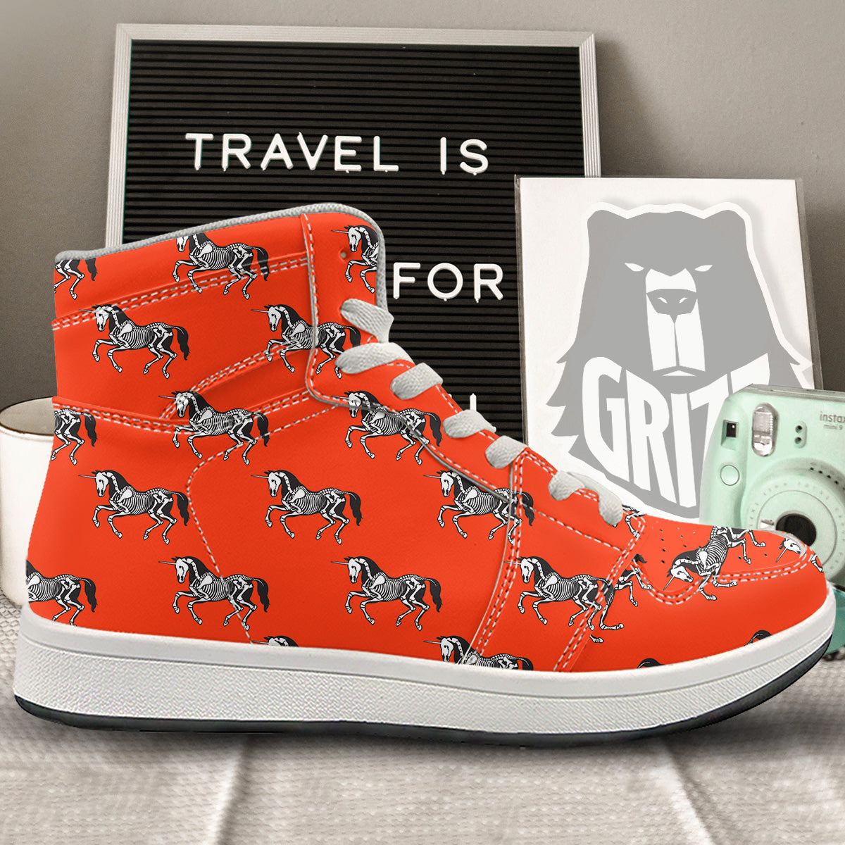 Red Unicorn Skeleton Print Pattern High Top Sneakers-grizzshop