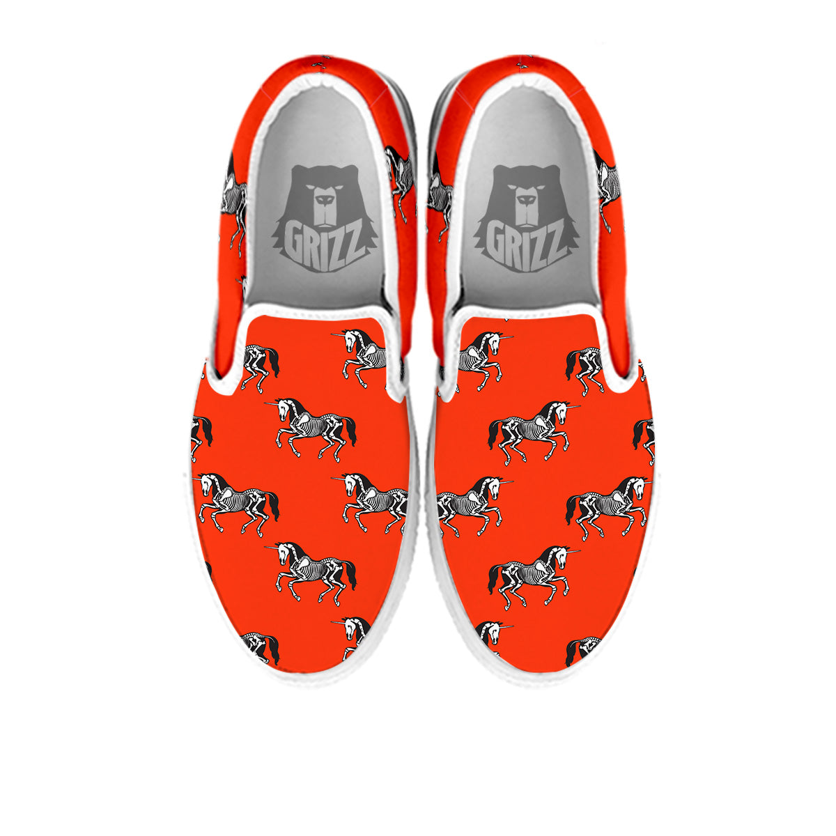 Red Unicorn Skeleton Print Pattern White Slip On Shoes-grizzshop