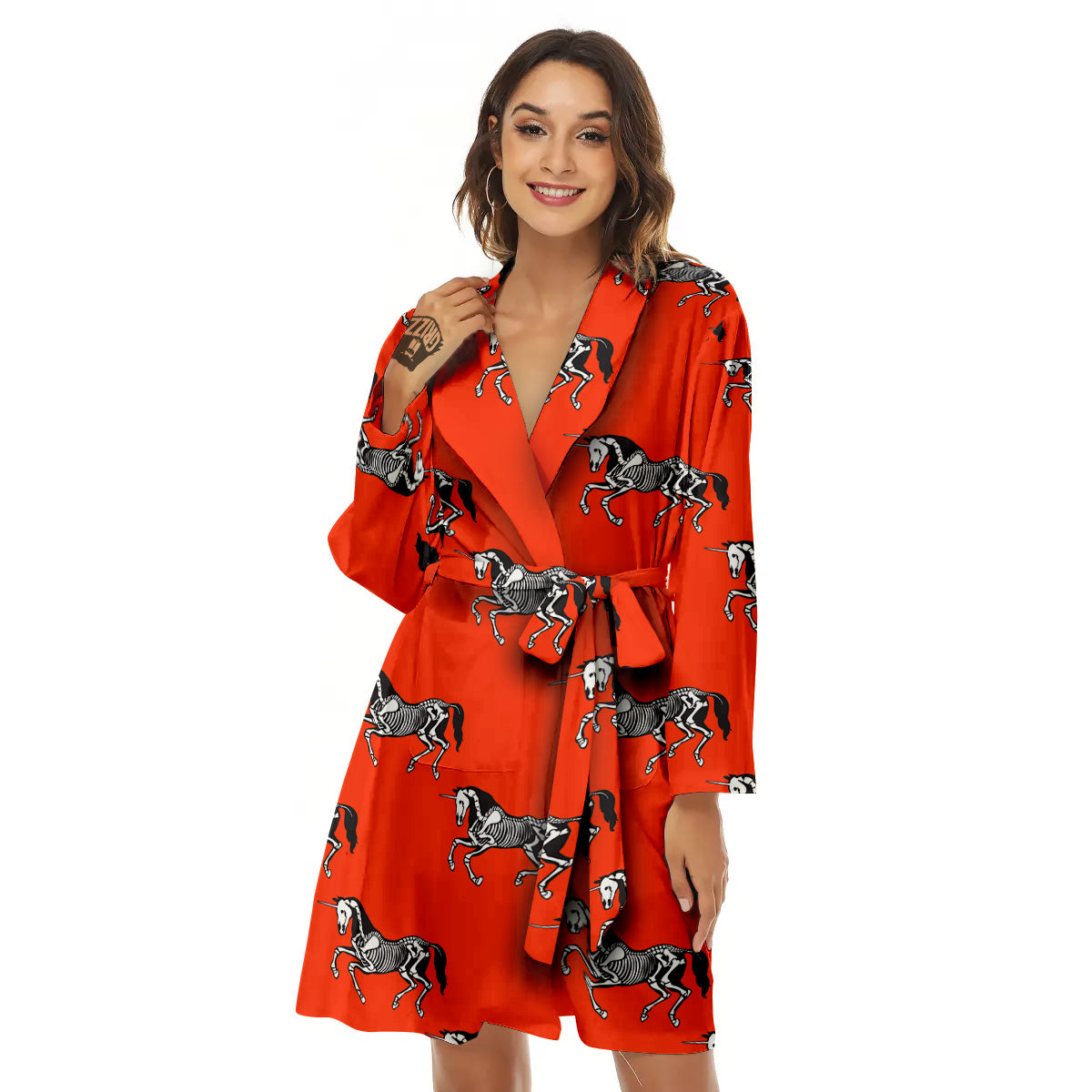 Red Unicorn Skeleton Print Pattern Women's Robe-grizzshop