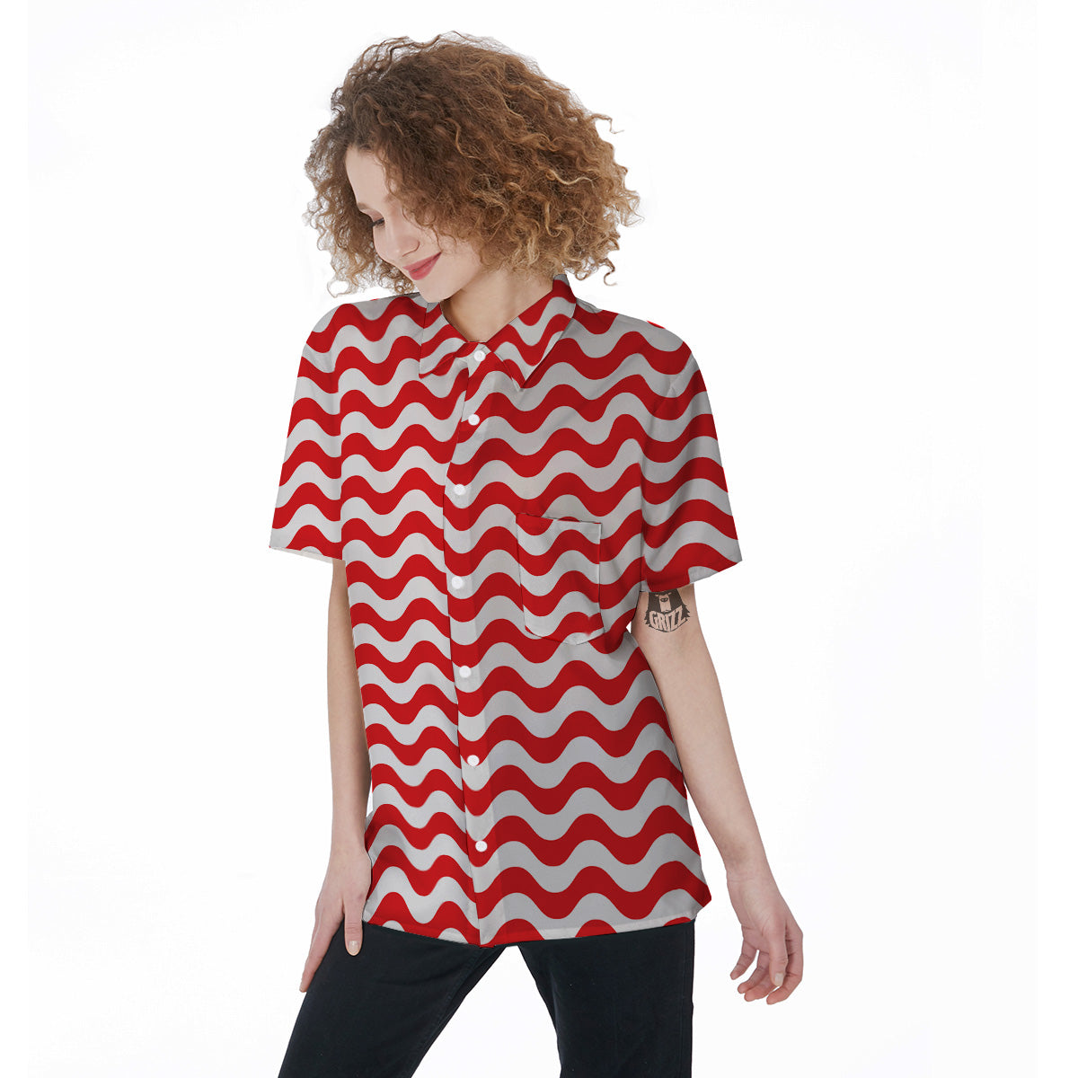 Red Wave Striped Print Women's Short Sleeve Shirts-grizzshop