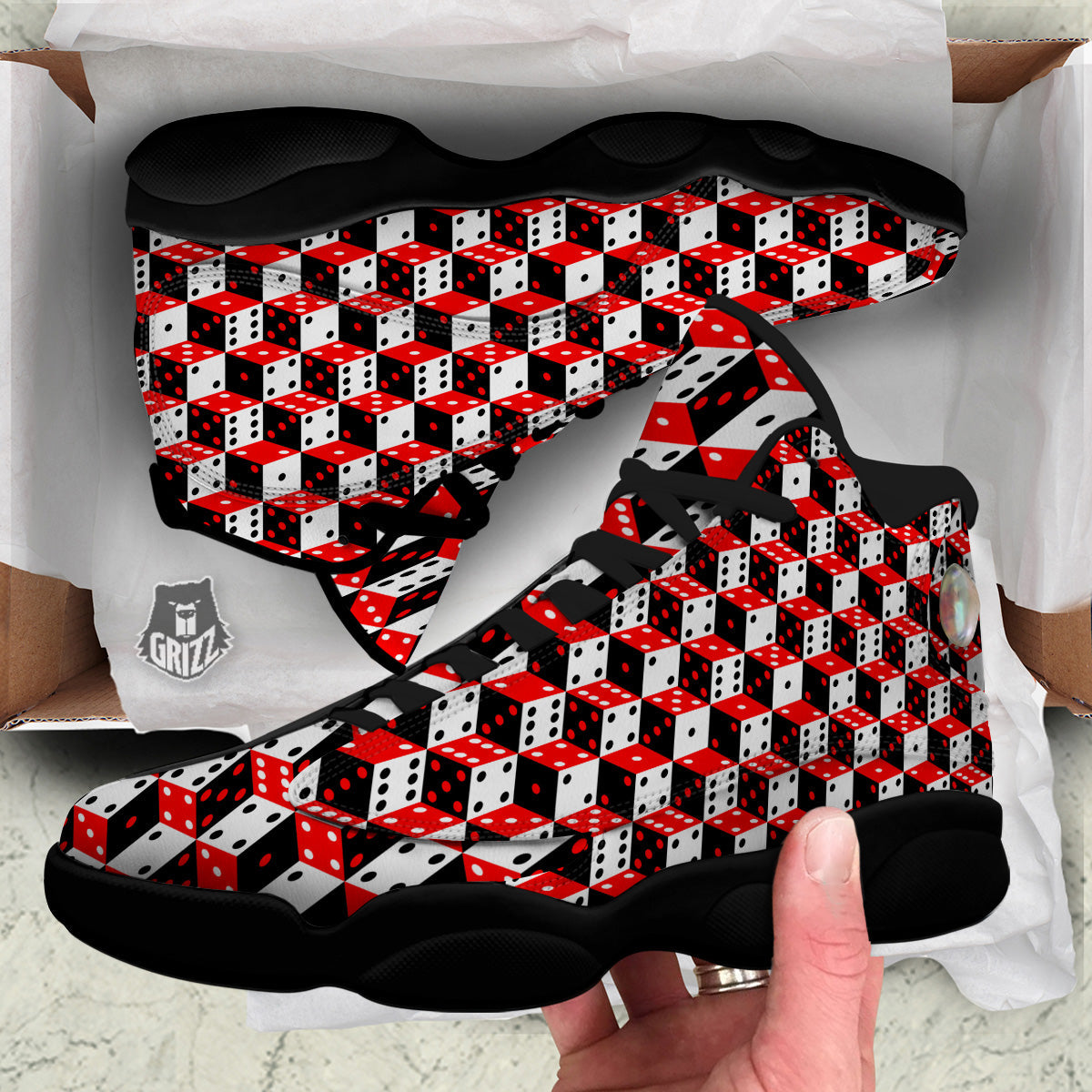 Red White And Black Dice Print Pattern Black Basketball Shoes-grizzshop
