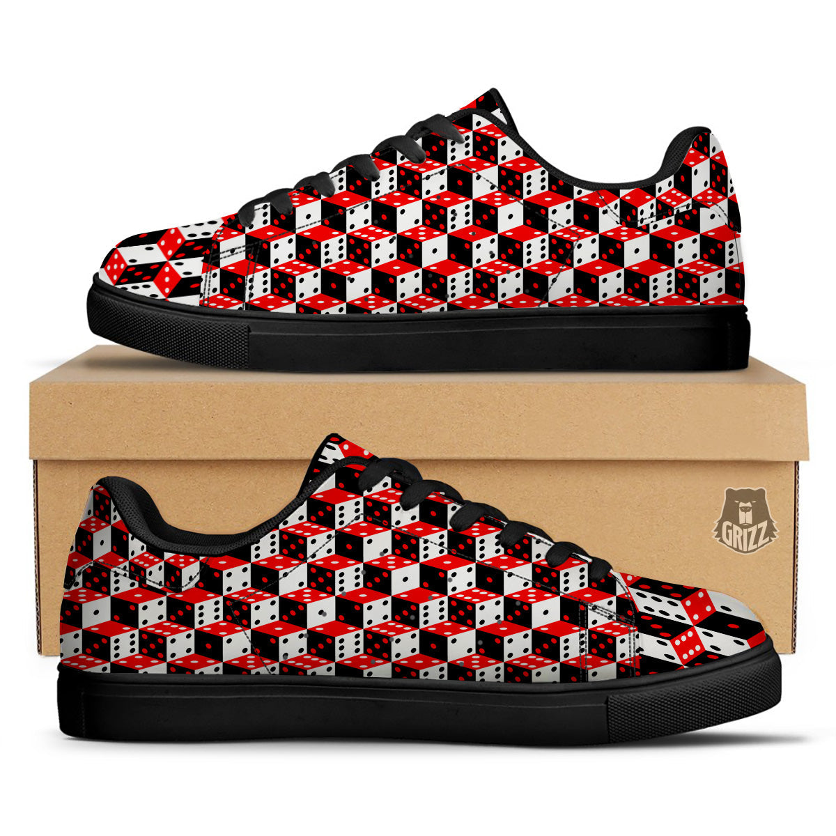 Red White And Black Dice Print Pattern Black Low Top Sneakers-grizzshop