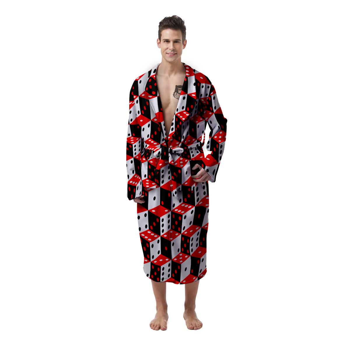 Red White And Black Dice Print Pattern Men's Robe-grizzshop