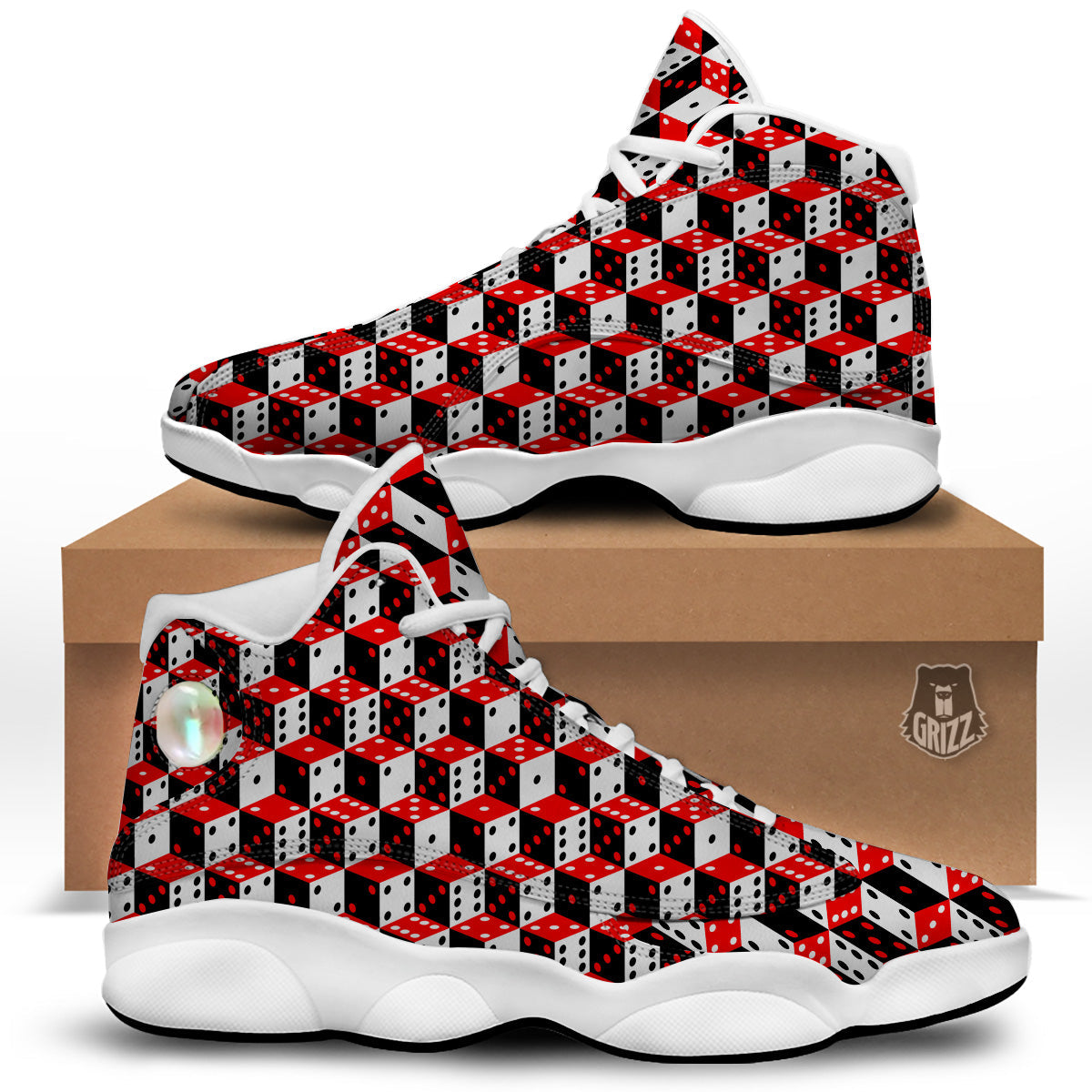 Red White And Black Dice Print Pattern White Basketball Shoes-grizzshop