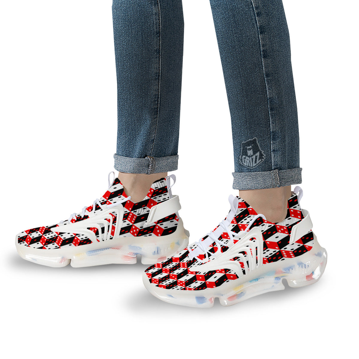 Red White And Black Dice Print Pattern White Gym Shoes-grizzshop