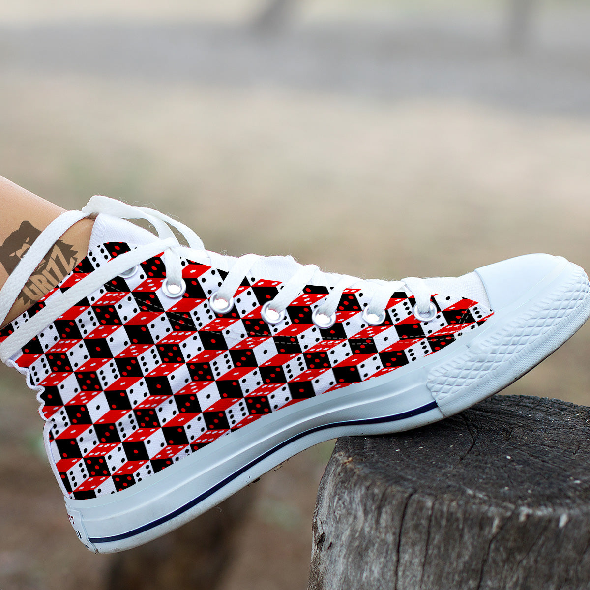Red White And Black Dice Print Pattern White High Top Shoes-grizzshop