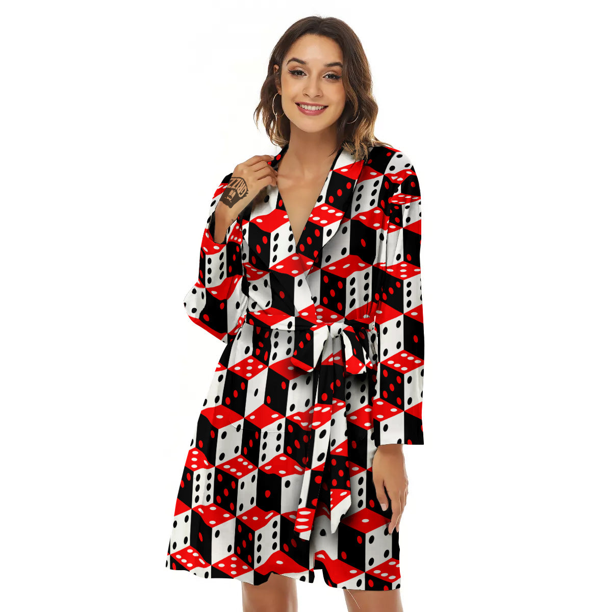 Red White And Black Dice Print Pattern Women's Robe-grizzshop