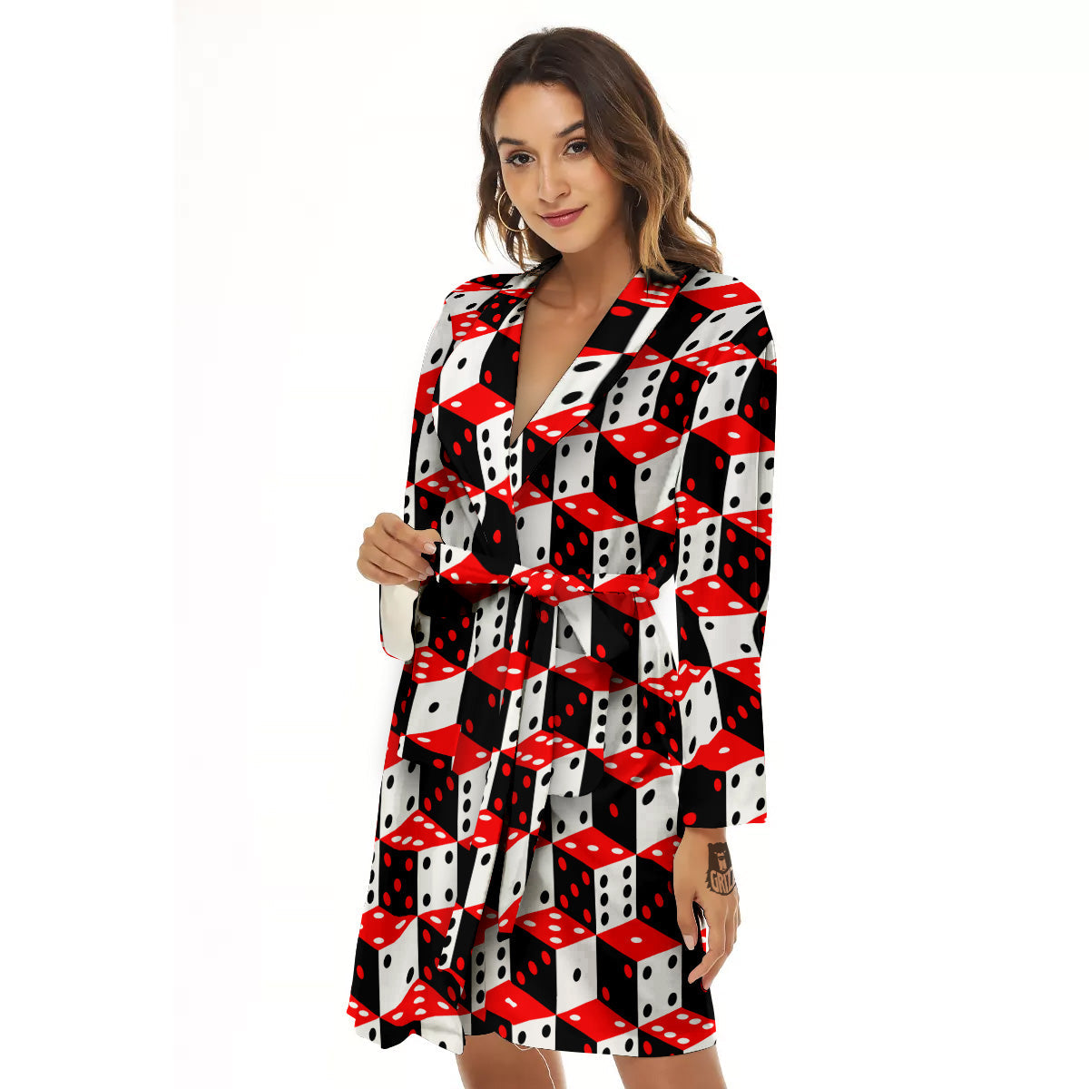 Red White And Black Dice Print Pattern Women's Robe-grizzshop
