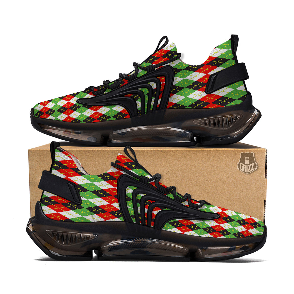 Red White And Green Argyle Print Pattern Black Gym Shoes-grizzshop
