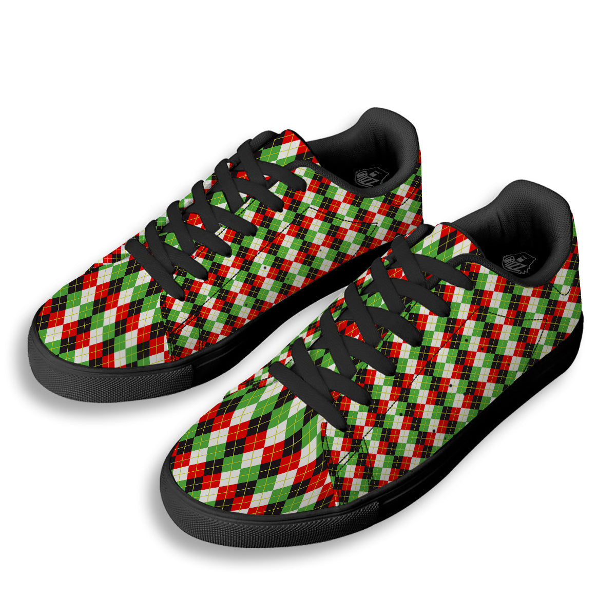 Red White And Green Argyle Print Pattern Black Low Top Sneakers-grizzshop