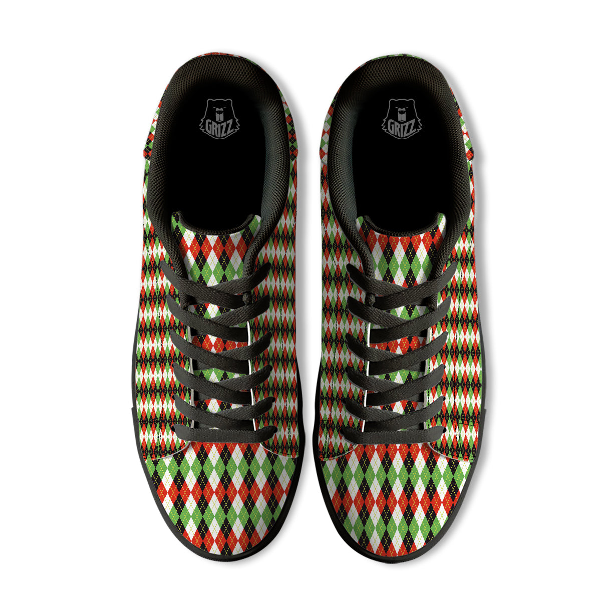 Red White And Green Argyle Print Pattern Black Low Top Sneakers-grizzshop