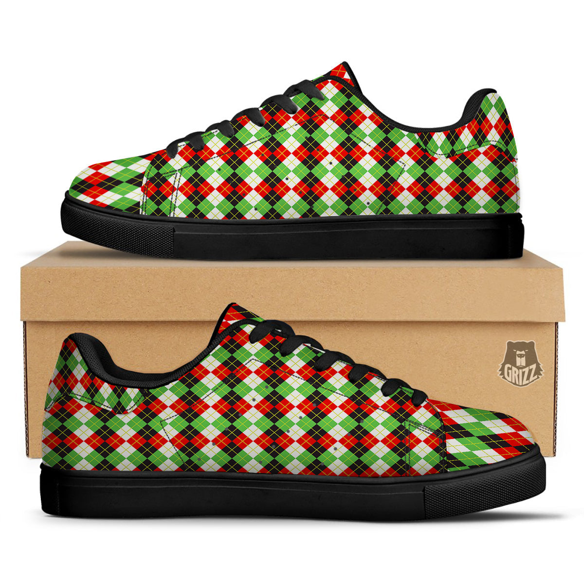 Red White And Green Argyle Print Pattern Black Low Top Sneakers-grizzshop