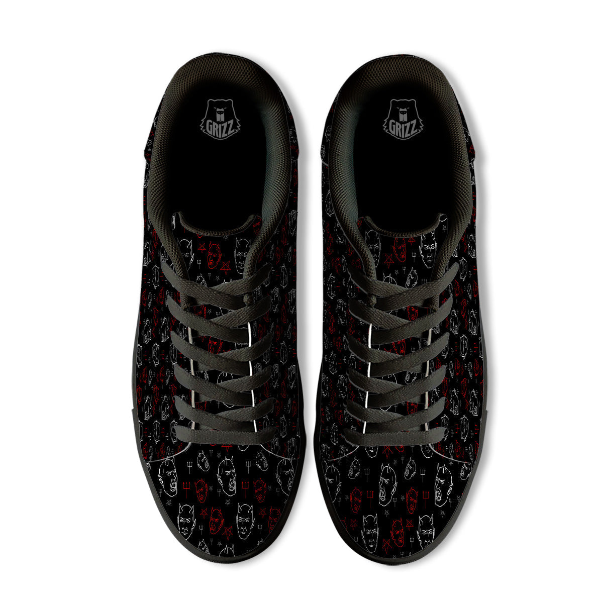 Red White Satan Head Print Pattern Black Low Top Sneakers-grizzshop
