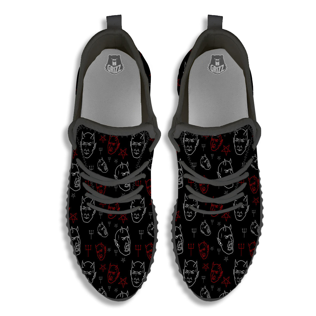 Red White Satan Head Print Pattern Black Walking Shoes-grizzshop