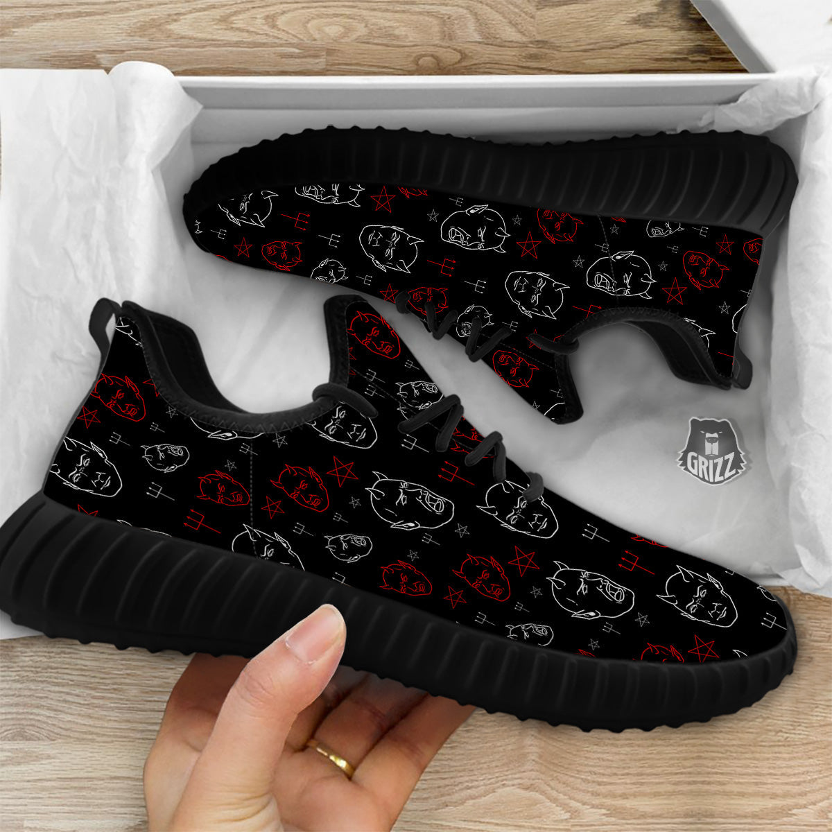 Red White Satan Head Print Pattern Black Walking Shoes-grizzshop