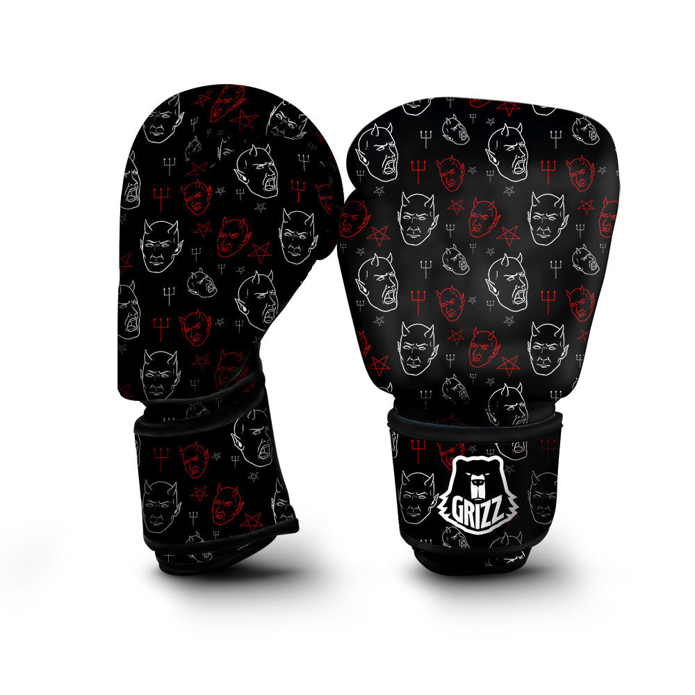 Red White Satan Head Print Pattern Boxing Gloves-grizzshop