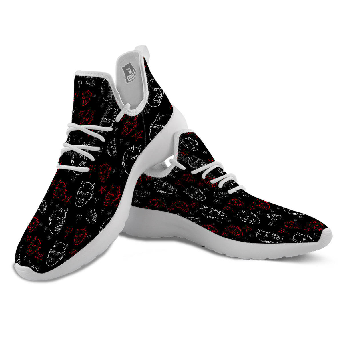 Red White Satan Head Print Pattern White Athletic Shoes-grizzshop
