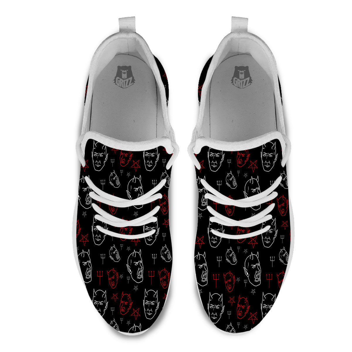 Red White Satan Head Print Pattern White Athletic Shoes-grizzshop