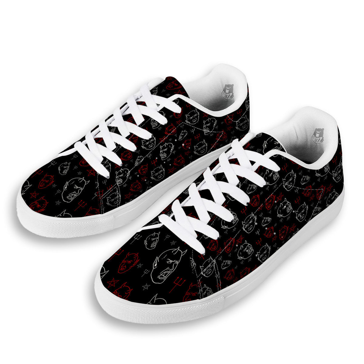 Red White Satan Head Print Pattern White Low Top Sneakers-grizzshop