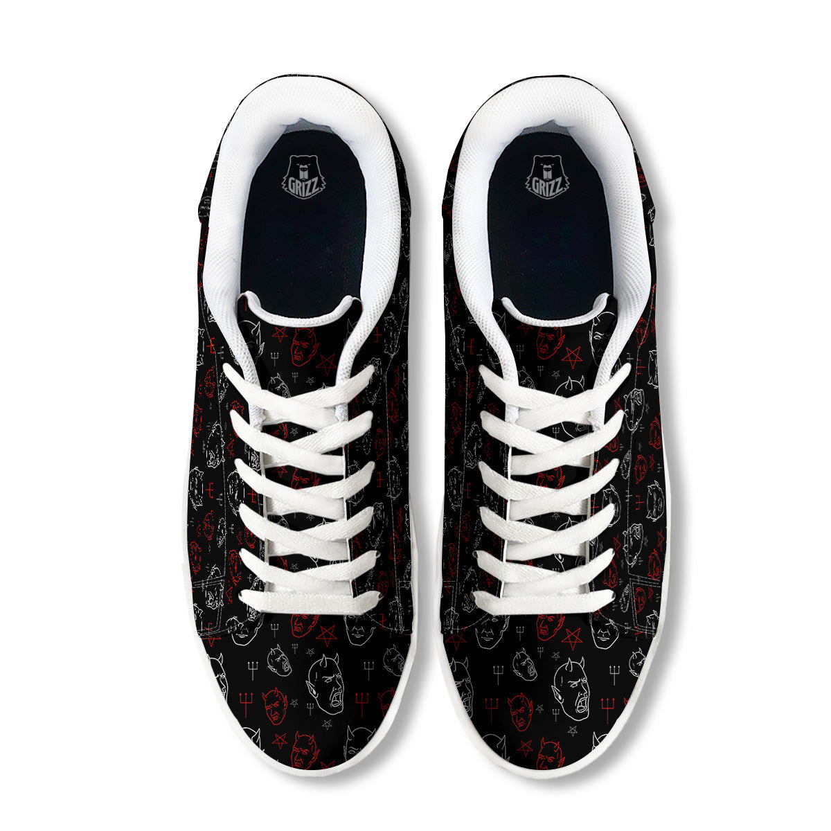 Red White Satan Head Print Pattern White Low Top Sneakers-grizzshop