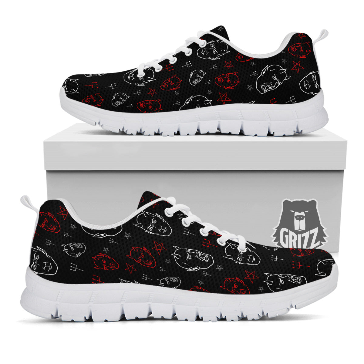 Red White Satan Head Print Pattern White Sneaker-grizzshop